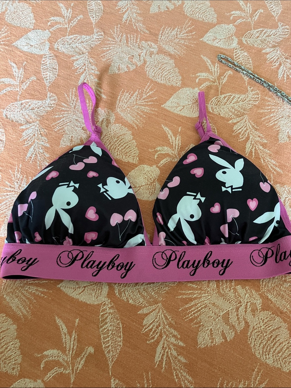 PLAYBOY Black Bralette with Pink Accents and White Bunny Print